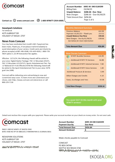 Modèle de facture de services publics pour entreprises USA Utah Comcast aux formats Word et PDF, version 2